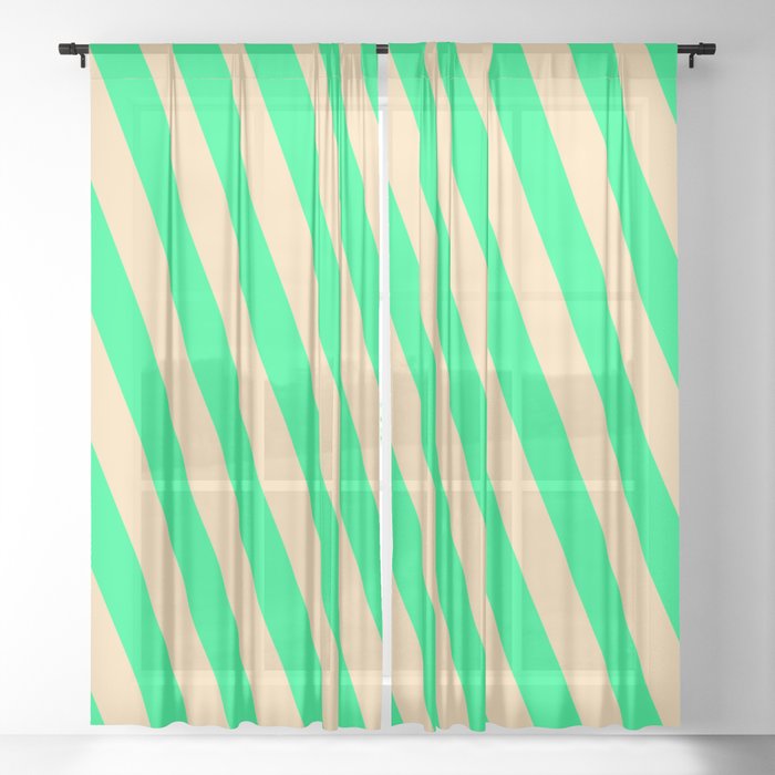 Green and Tan Colored Pattern of Stripes Sheer Curtain