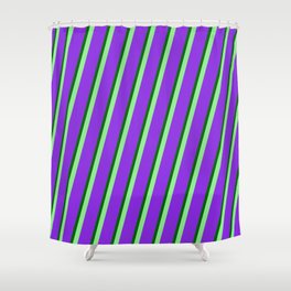 [ Thumbnail: Light Green, Purple & Dark Green Colored Pattern of Stripes Shower Curtain ]