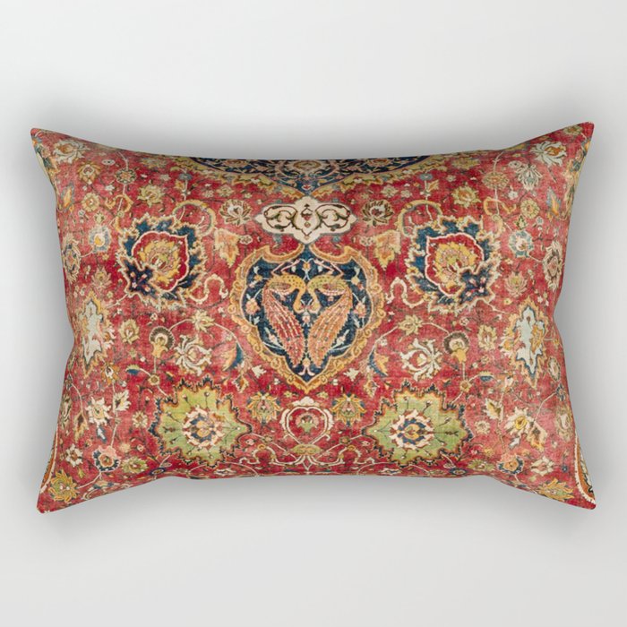Indian Boho II // 16th Century Distressed Red Green Blue Flowery Colorful Ornate Rug Pattern Rectangular Pillow