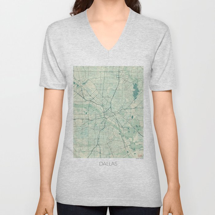 Dallas Map Blue Vintage V Neck T Shirt