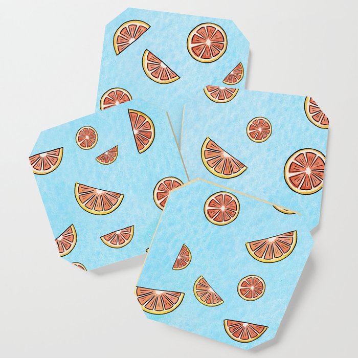 Grapefruits on Blue Watercolor Background Coaster