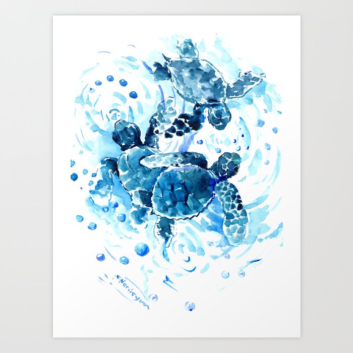 Three Sea Turtles, blue bathroom turtle artwork, Underwater Art Print