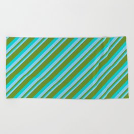 [ Thumbnail: Sky Blue, Green & Dark Turquoise Colored Striped Pattern Beach Towel ]