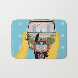 Indian rickshaw illustration Bath Mat | Rickshaw, Pop Art, Boho, Illustration, Digital, Blue, Indian, Yellow, Traditional, Pattern 