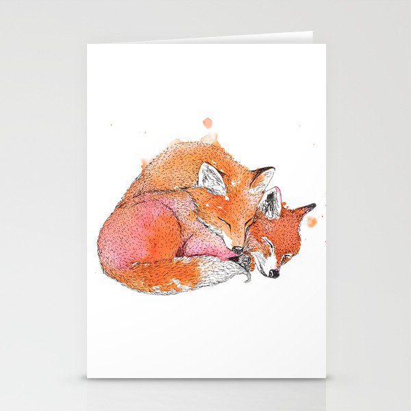 Sleeping Fox Couple in Ink and Watercolor Orange Painting Stationery Cards