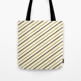 [ Thumbnail: Dark Khaki, Light Yellow & Indigo Colored Lined/Striped Pattern Tote Bag ]