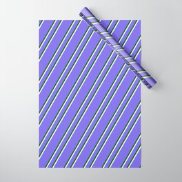 [ Thumbnail: Medium Slate Blue, Dark Green & Mint Cream Colored Lines/Stripes Pattern Wrapping Paper ]