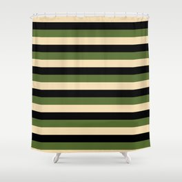 [ Thumbnail: Dark Olive Green, Tan & Black Colored Striped/Lined Pattern Shower Curtain ]