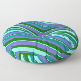 [ Thumbnail: Aquamarine, Teal, Slate Blue, and Dark Green Colored Striped Pattern Floor Pillow ]