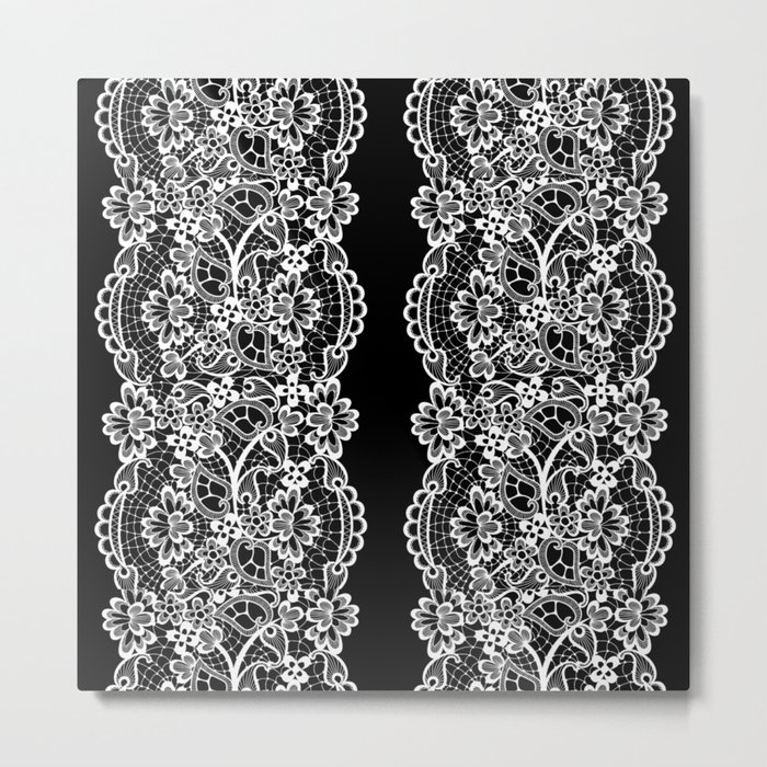 Black and White Floral Embroidery Lines Metal Print