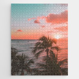 Ocean Sunset with Surfers and Palm Tree Jigsaw Puzzle
