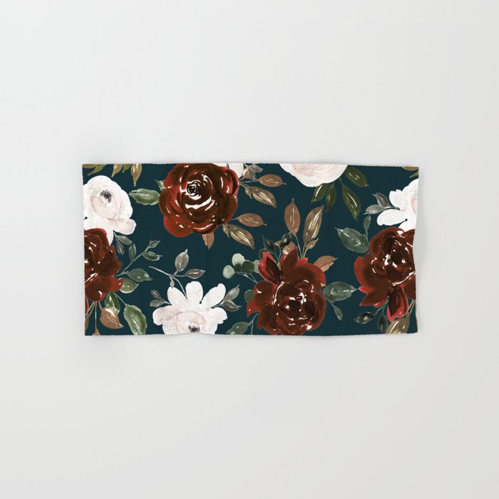 Autumn is calling - rust and blush roses on petrol Hand & Bath Towel