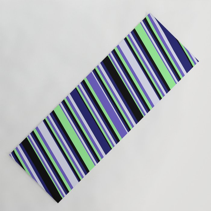 Slate Blue, Lavender, Midnight Blue, Black & Green Colored Lines/Stripes Pattern Yoga Mat