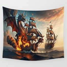 Ocean Ships Fire Dragon  Wall Tapestry