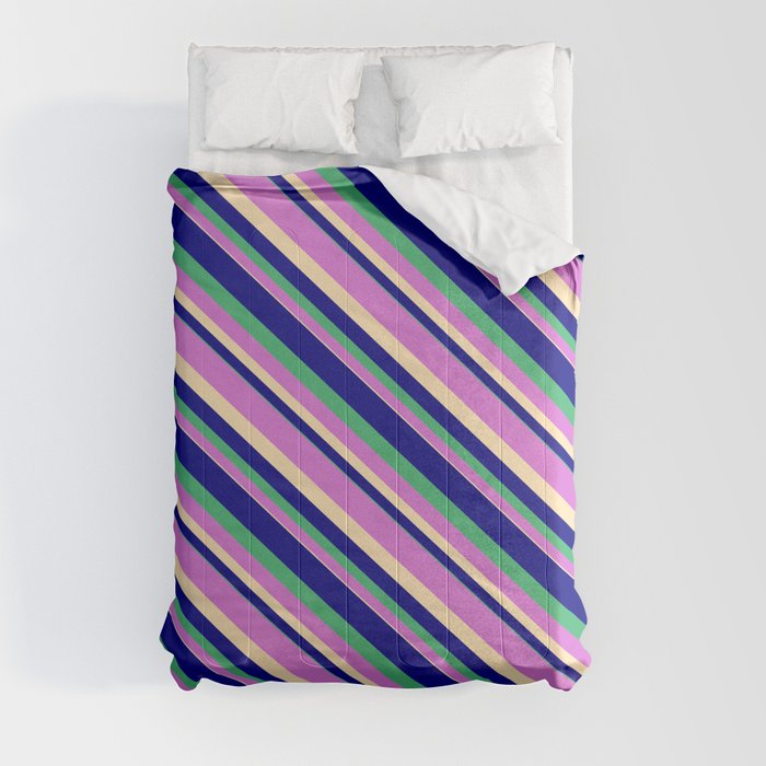 Blue, Sea Green, Orchid, and Beige Colored Striped/Lined Pattern Comforter