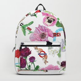 London in Bloom - Flowers and transportation that make London Backpack | Flower, Corgies, Undergroundtub, Beefeater, Corgis, Doubledecker, Londontaxi, Raven, Blackcab, Bikes 