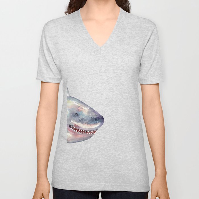 Funny Shark peeking watercolor V Neck T Shirt