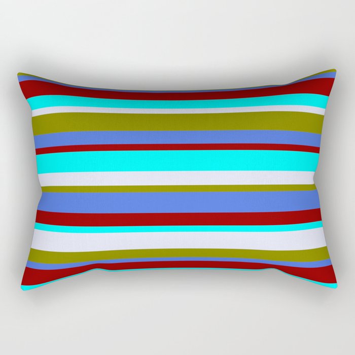 Colorful Green, Royal Blue, Dark Red, Cyan & Lavender Colored Lined Pattern Rectangular Pillow