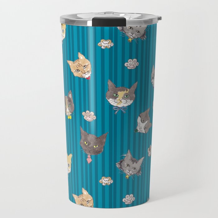 Cats with Paws Pattern/Hand-drawn in Watercolour/Blue Stripe Background Travel Mug