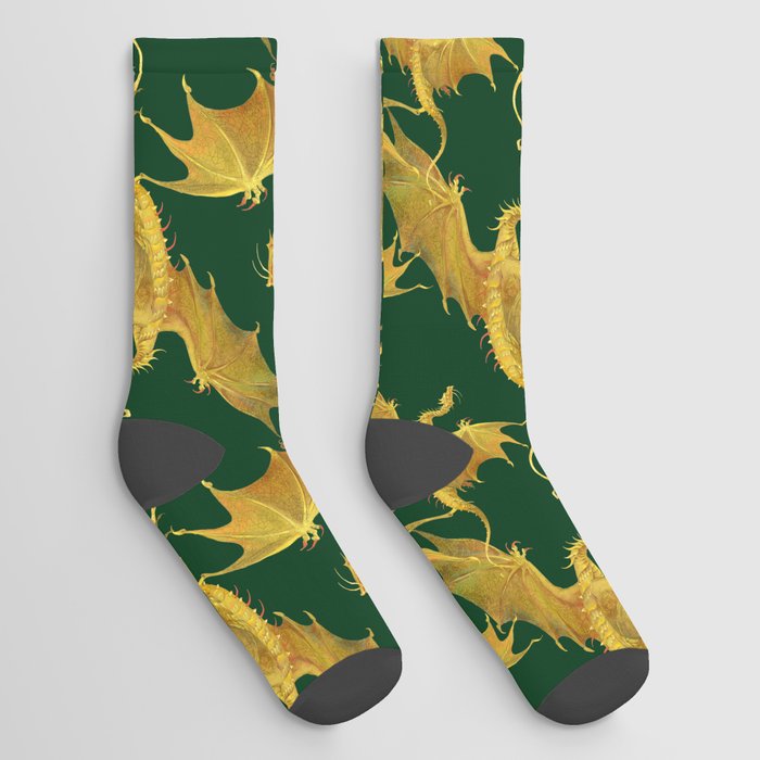 golden dragons on a green background Socks