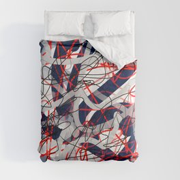 Red, Black, White & Gray Blue Squiggle Abstract Comforter