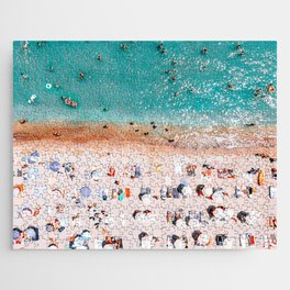 Beach Vibes, Umbrellas Print, Ocean Sea Beach People Print, Aerial Beach Summer Art Print, Aerial Photography, Summer Vibes Coastal Art Jigsaw Puzzle