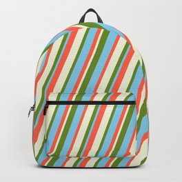 [ Thumbnail: Red, Beige, Green, and Sky Blue Colored Stripes Pattern Backpack ]
