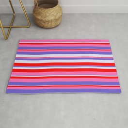 [ Thumbnail: Slate Blue, Lavender, Red & Hot Pink Colored Stripes/Lines Pattern Rug ]