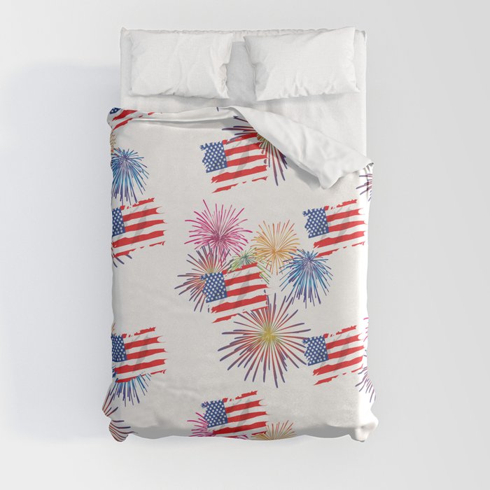 American Fourth of July New Years Celebration USA Flag Fireworks Pattern Duvet Cover