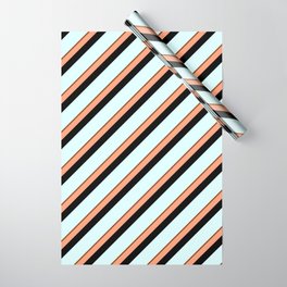 [ Thumbnail: Brown, Light Salmon, Black & Light Cyan Colored Stripes Pattern Wrapping Paper ]