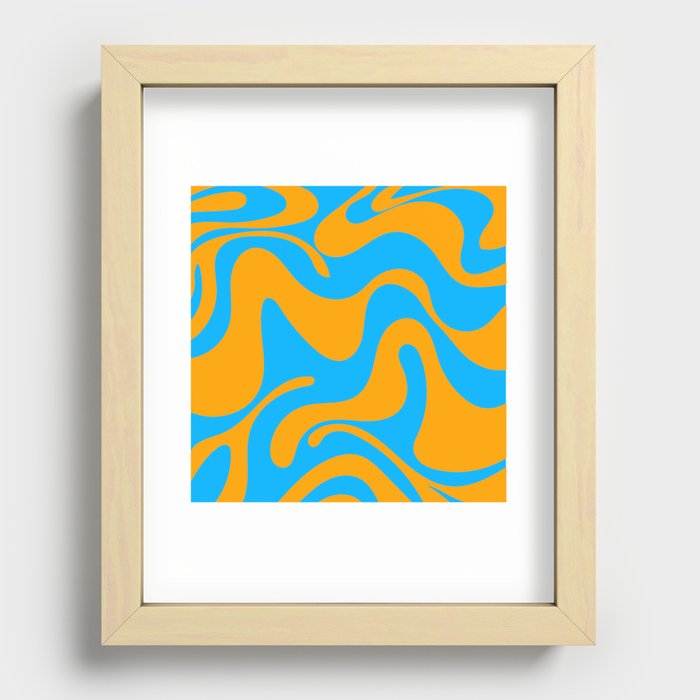 Lava Lamp - 70s Abstract Minimal Modern Wavy Art Design Pattern in Blue and Orange Recessed Framed Print
