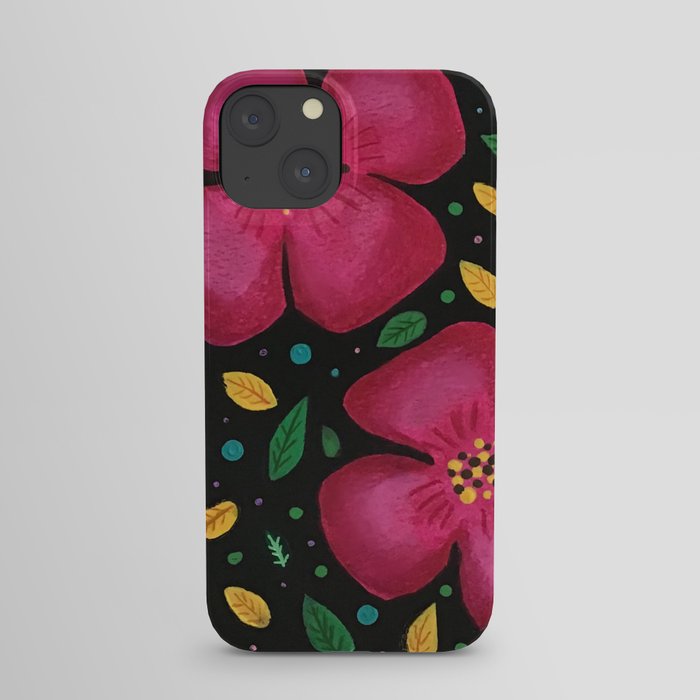 Pink-red  tropical flower pattern gouache design iPhone Case
