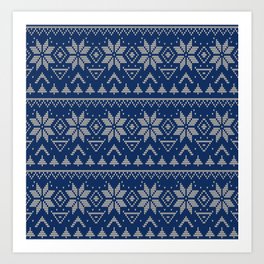 Knitted Scandinavian pattern 2 Art Print | Newyear, Blue, White, Folk, Ornament, Christmasornament, Pattern, Graphicdesign, Knittedfabric, Winter 