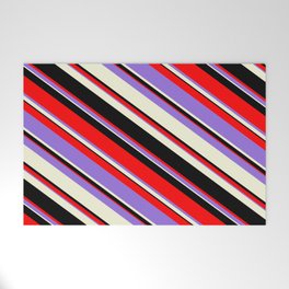 [ Thumbnail: Red, Purple, Beige & Black Colored Pattern of Stripes Welcome Mat ]