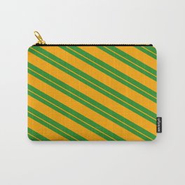 [ Thumbnail: Forest Green and Orange Colored Pattern of Stripes Carry-All Pouch ]