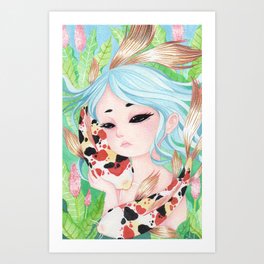 Lassulus - Blue Girl with Butterfly Koi Art Print