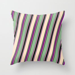 [ Thumbnail: Dark Sea Green, Purple, Bisque, and Black Colored Lines Pattern Throw Pillow ]