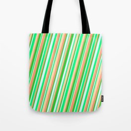 [ Thumbnail: Vibrant Light Cyan, Green, Tan, Light Salmon & Lime Green Colored Striped Pattern Tote Bag ]
