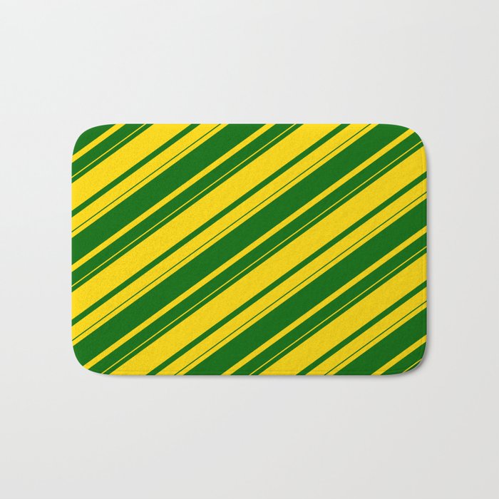 Yellow & Dark Green Colored Lines/Stripes Pattern Bath Mat