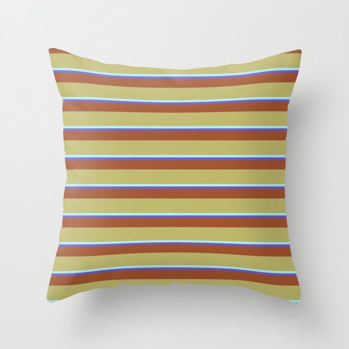 Slate Blue, Sienna, Dark Khaki & Turquoise Colored Stripes Pattern Throw Pillow