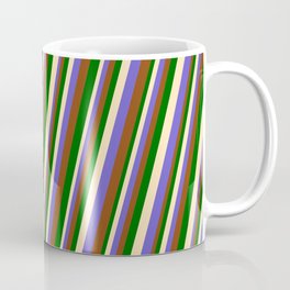[ Thumbnail: Beige, Slate Blue, Brown, and Dark Green Colored Lines/Stripes Pattern Coffee Mug ]