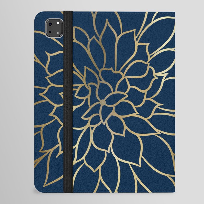 Floral Prints, Line Art, Navy Blue and Gold iPad Folio Case
