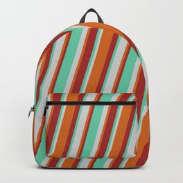 [ Thumbnail: Aquamarine, Light Grey, Chocolate & Brown Colored Striped/Lined Pattern Backpack ]
