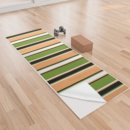 [ Thumbnail: Brown, White, Green, and Black Colored Striped/Lined Pattern Yoga Towel ]