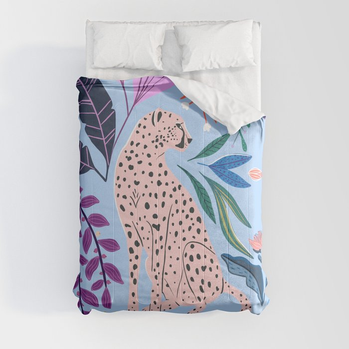 Blush pink Cheetah in jungle florals / jungle cat print /modern art Comforter