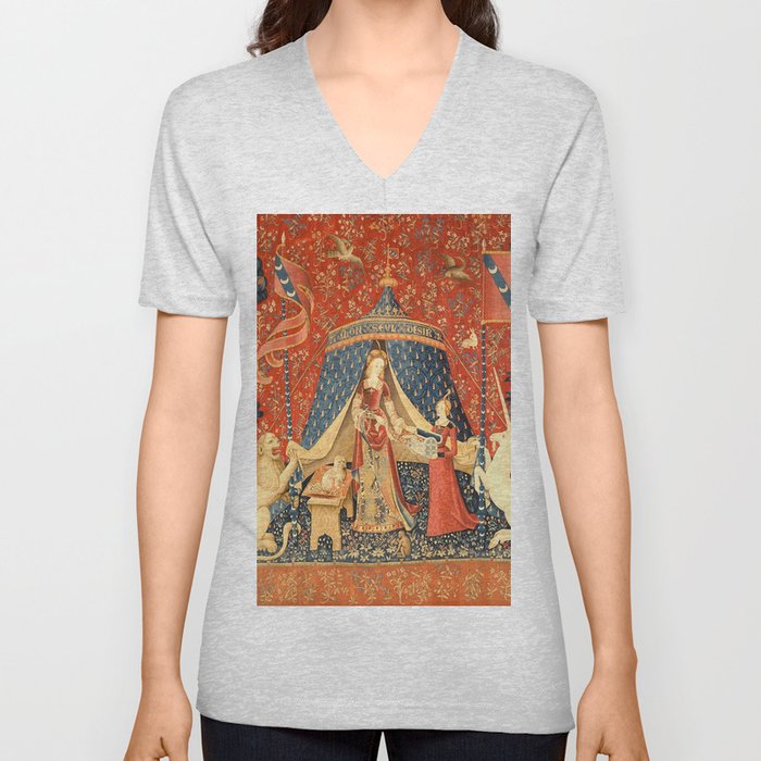 Lady and The Unicorn Medieval Tapestry V Neck T Shirt
