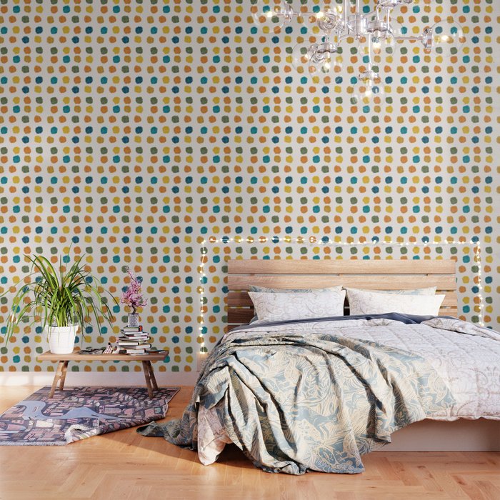 Cheerful Painted Watercolor Dot Pattern in Moroccan Orange Ochre Teal Blue Cream Wallpaper