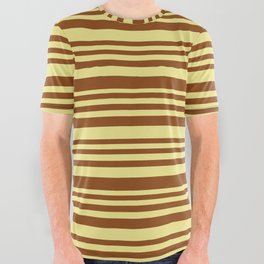 [ Thumbnail: Brown and Tan Colored Stripes/Lines Pattern All Over Graphic Tee ]