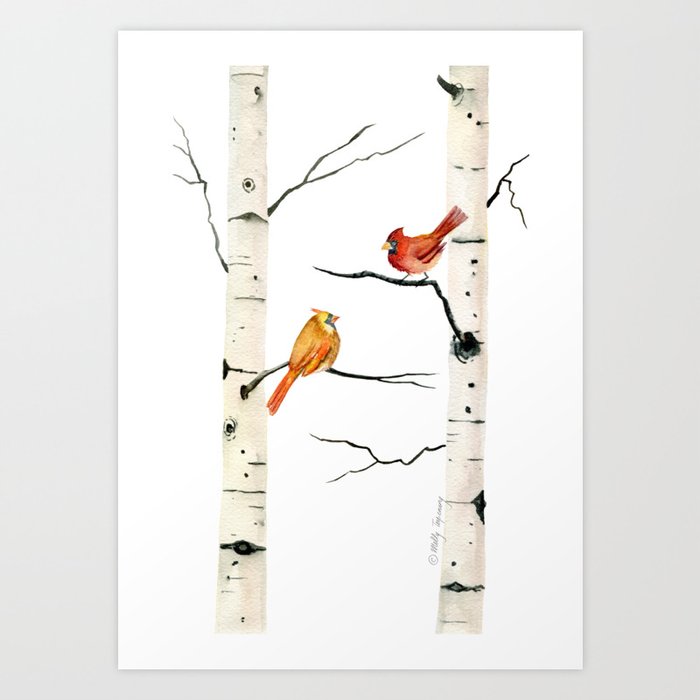Cardinal Couple in Birch Trees Art Print