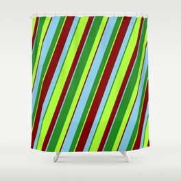 [ Thumbnail: Light Green, Maroon, Sky Blue, and Forest Green Colored Lines/Stripes Pattern Shower Curtain ]